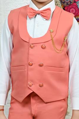 Boys cotton full sleeves solid 3 piece party suit set with bow - peach 5