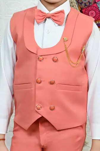Boys cotton full sleeves solid 3 piece party suit set with bow - peach