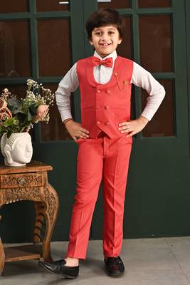 Boys cotton full sleeves solid 3 piece party suit set with bow - red 1