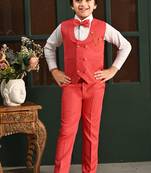 Boys cotton full sleeves solid 3 piece party suit set with bow - red