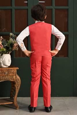 Boys cotton full sleeves solid 3 piece party suit set with bow - red 2