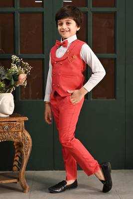 Boys cotton full sleeves solid 3 piece party suit set with bow - red 3