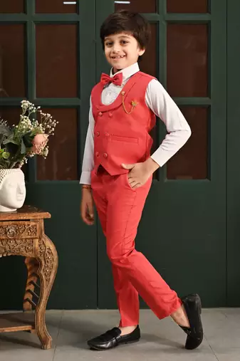 Boys cotton full sleeves solid 3 piece party suit set with bow - red