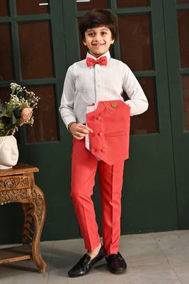 Boys cotton full sleeves solid 3 piece party suit set with bow - red 4