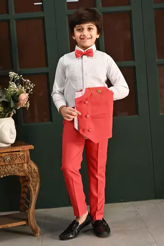 Boys cotton full sleeves solid 3 piece party suit set with bow - red