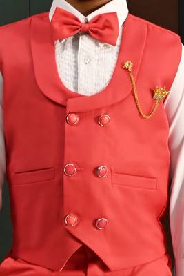 Boys cotton full sleeves solid 3 piece party suit set with bow - red 5
