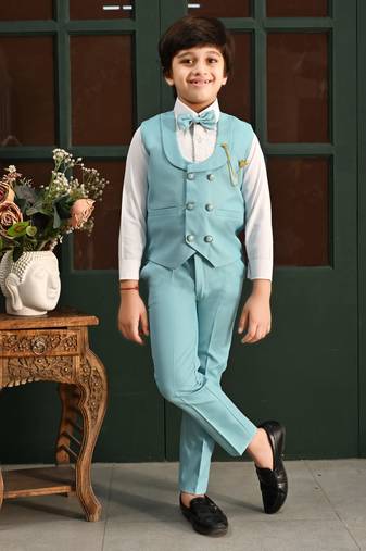 Boys cotton full sleeves solid 3 piece party suit set with bow - sky blue