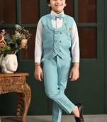 Boys cotton full sleeves solid 3 piece party suit set with bow - sky blue