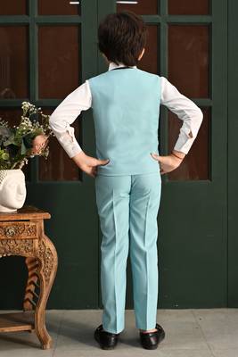 Boys cotton full sleeves solid 3 piece party suit set with bow - sky blue 2
