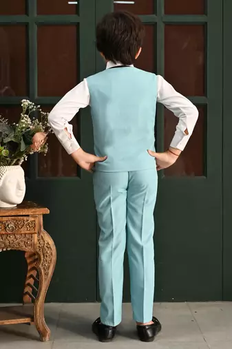Boys cotton full sleeves solid 3 piece party suit set with bow - sky blue