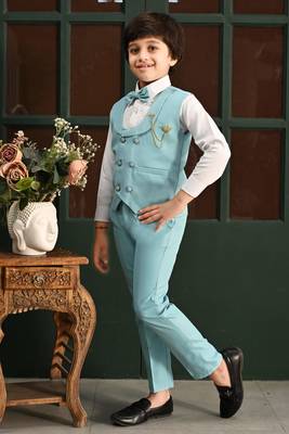 Boys cotton full sleeves solid 3 piece party suit set with bow - sky blue 3