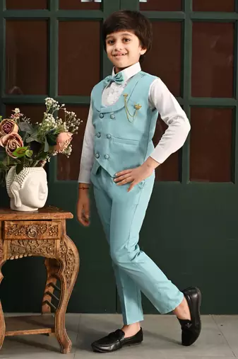 Boys cotton full sleeves solid 3 piece party suit set with bow - sky blue