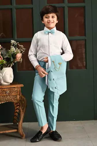 Boys cotton full sleeves solid 3 piece party suit set with bow - sky blue