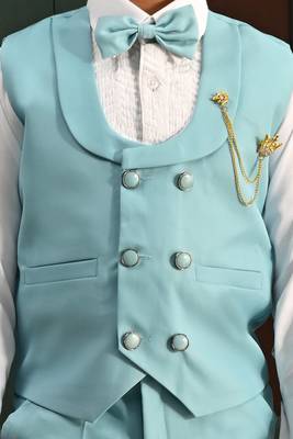 Boys cotton full sleeves solid 3 piece party suit set with bow - sky blue 5