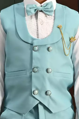 Boys cotton full sleeves solid 3 piece party suit set with bow - sky blue
