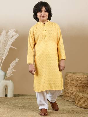 Chic & classic boys printed light yellow cotton kurta set by sanwara 1