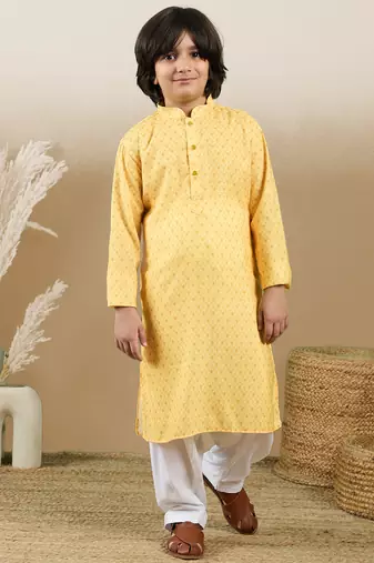 Chic & classic boys printed light yellow cotton kurta set by sanwara