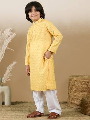 Chic & classic boys printed light yellow cotton kurta set by sanwara 2