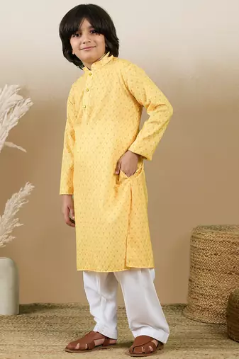 Chic & classic boys printed light yellow cotton kurta set by sanwara