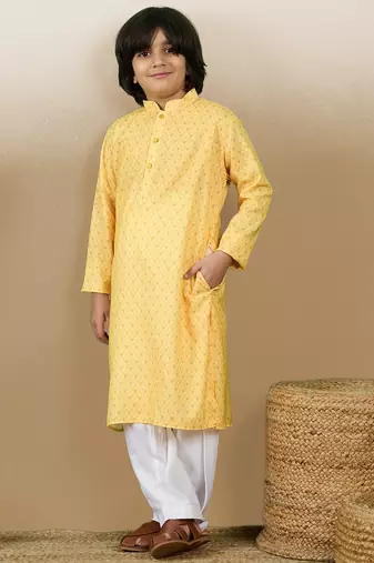 Chic & classic boys printed light yellow cotton kurta set by sanwara