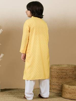 Chic & classic boys printed light yellow cotton kurta set by sanwara 4