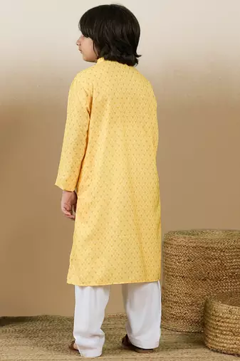 Chic & classic boys printed light yellow cotton kurta set by sanwara