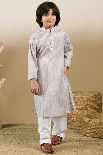 Chic & classic boys printed beige cotton kurta set by sanwara
