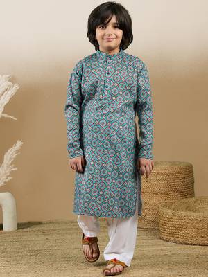 Chic & classic boys printed blue cotton kurta set by sanwara 1