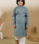 Chic & classic boys printed blue cotton kurta set by sanwara