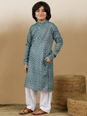 Chic & classic boys printed blue cotton kurta set by sanwara 2