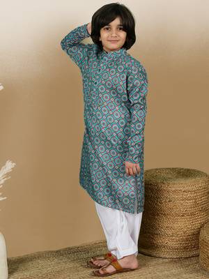Chic & classic boys printed blue cotton kurta set by sanwara 3