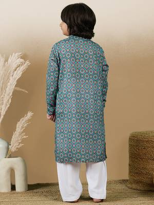 Chic & classic boys printed blue cotton kurta set by sanwara 4