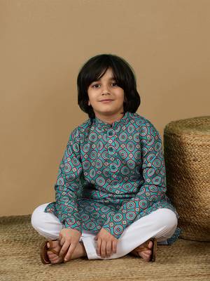 Chic & classic boys printed blue cotton kurta set by sanwara 5