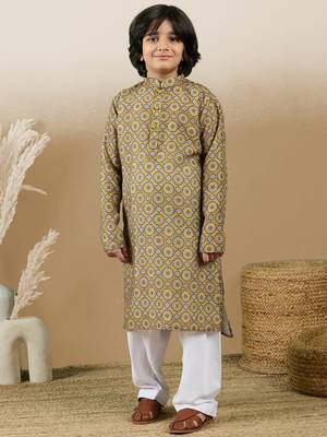 Chic & classic boys printed mustard cotton kurta set by sanwara 1