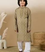 Chic & classic boys printed mustard cotton kurta set by sanwara