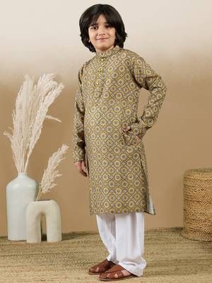 Chic & classic boys printed mustard cotton kurta set by sanwara 2