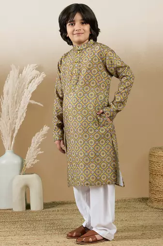 Chic & classic boys printed mustard cotton kurta set by sanwara
