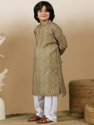Chic & classic boys printed mustard cotton kurta set by sanwara 3