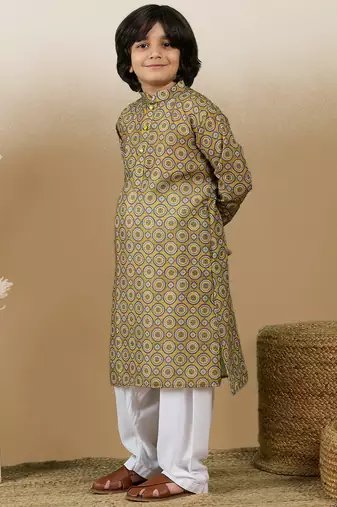 Chic & classic boys printed mustard cotton kurta set by sanwara