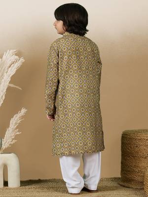 Chic & classic boys printed mustard cotton kurta set by sanwara 4