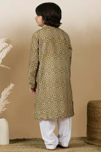 Chic & classic boys printed mustard cotton kurta set by sanwara