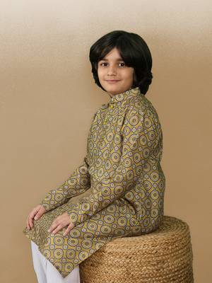 Chic & classic boys printed mustard cotton kurta set by sanwara 5