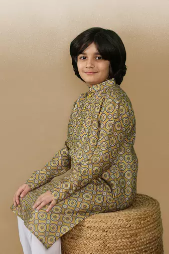 Chic & classic boys printed mustard cotton kurta set by sanwara