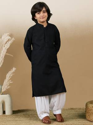 Dapper & dazzling boys solid black chikankari party wear cotton kurta set by sanwara 1
