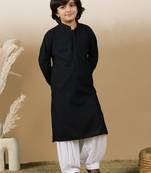 Dapper & dazzling boys solid black chikankari party wear cotton kurta set by sanwara