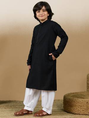 Dapper & dazzling boys solid black chikankari party wear cotton kurta set by sanwara 2