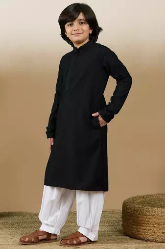 Dapper & dazzling boys solid black chikankari party wear cotton kurta set by sanwara