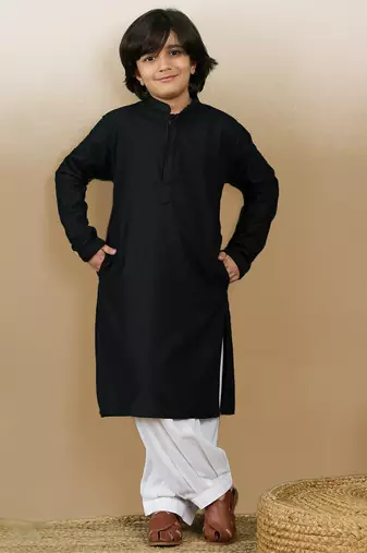 Dapper & dazzling boys solid black chikankari party wear cotton kurta set by sanwara
