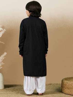 Dapper & dazzling boys solid black chikankari party wear cotton kurta set by sanwara 4