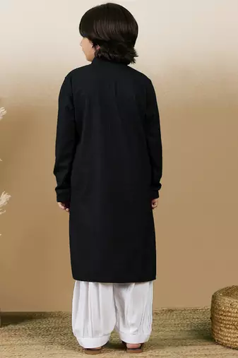 Dapper & dazzling boys solid black chikankari party wear cotton kurta set by sanwara